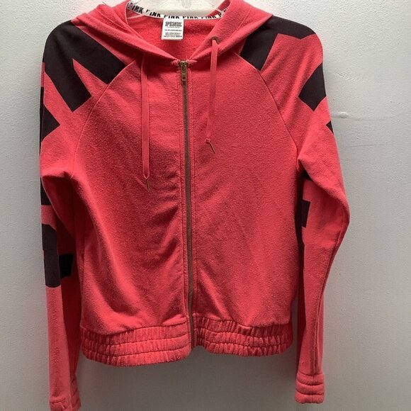 Victoria's Secret Jackets & Blazers - Victoria Secret Size XS Coral Pink Printed Sleeve Hooded Jacket. Preloved